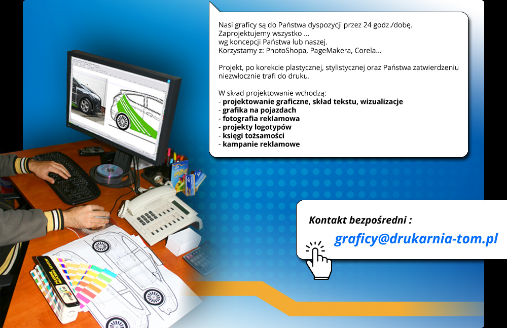 Wykonujemy: Sk�ad tekstu ksi��ek ulotek, broszur, wizualizacje, grafik� na pojazdach, fotografi� reklamow�, projekty logotyp�w, ksi�gi to�samo�ci, kampanie reklamowe.